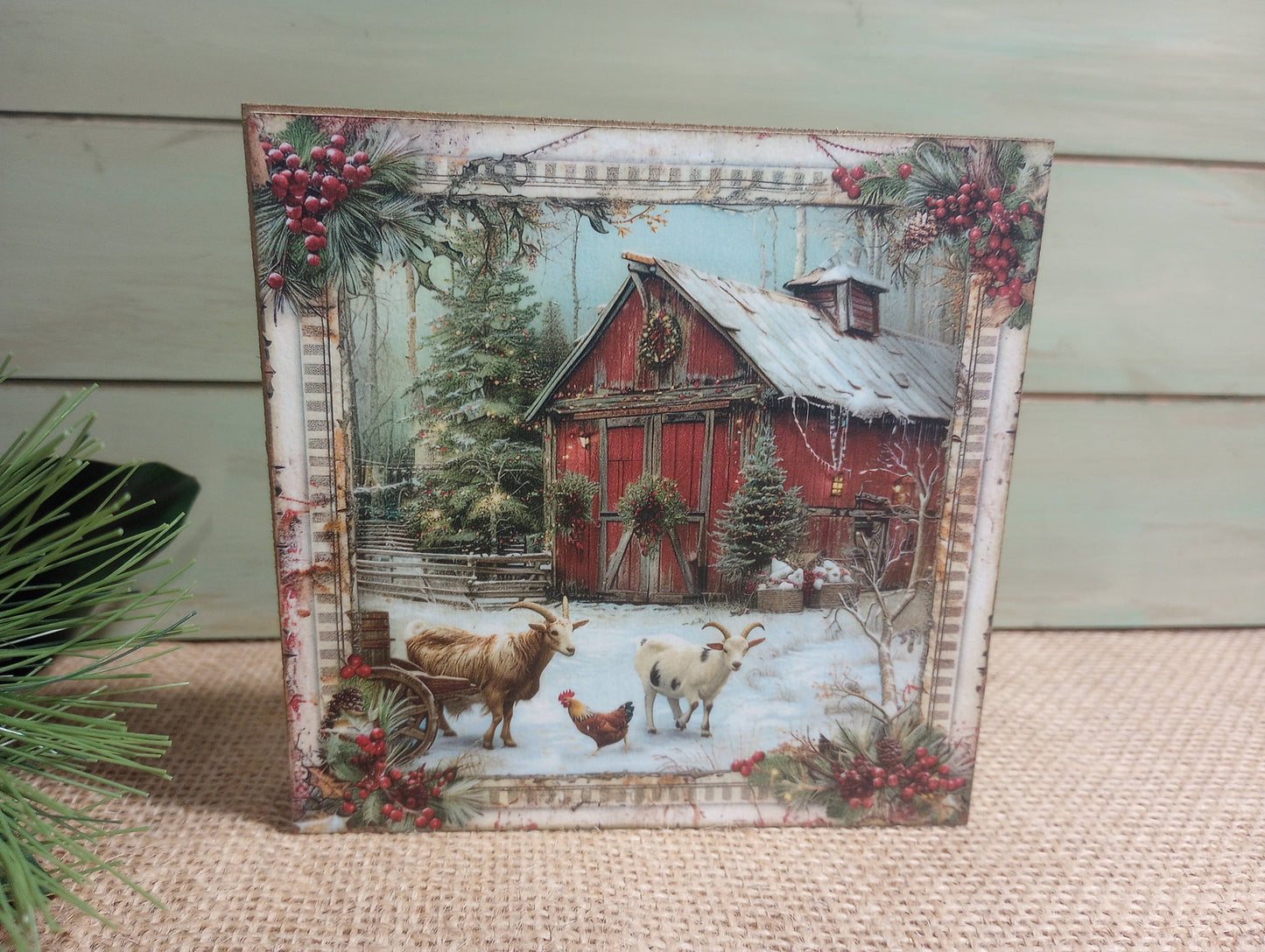 Christmas Barnyard Wood Block Sign - Chicken and Goats