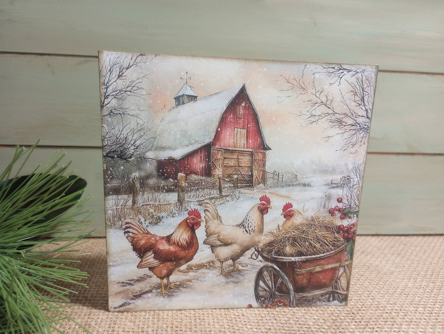 Christmas Barnyard Wood Block Sign - Chickens