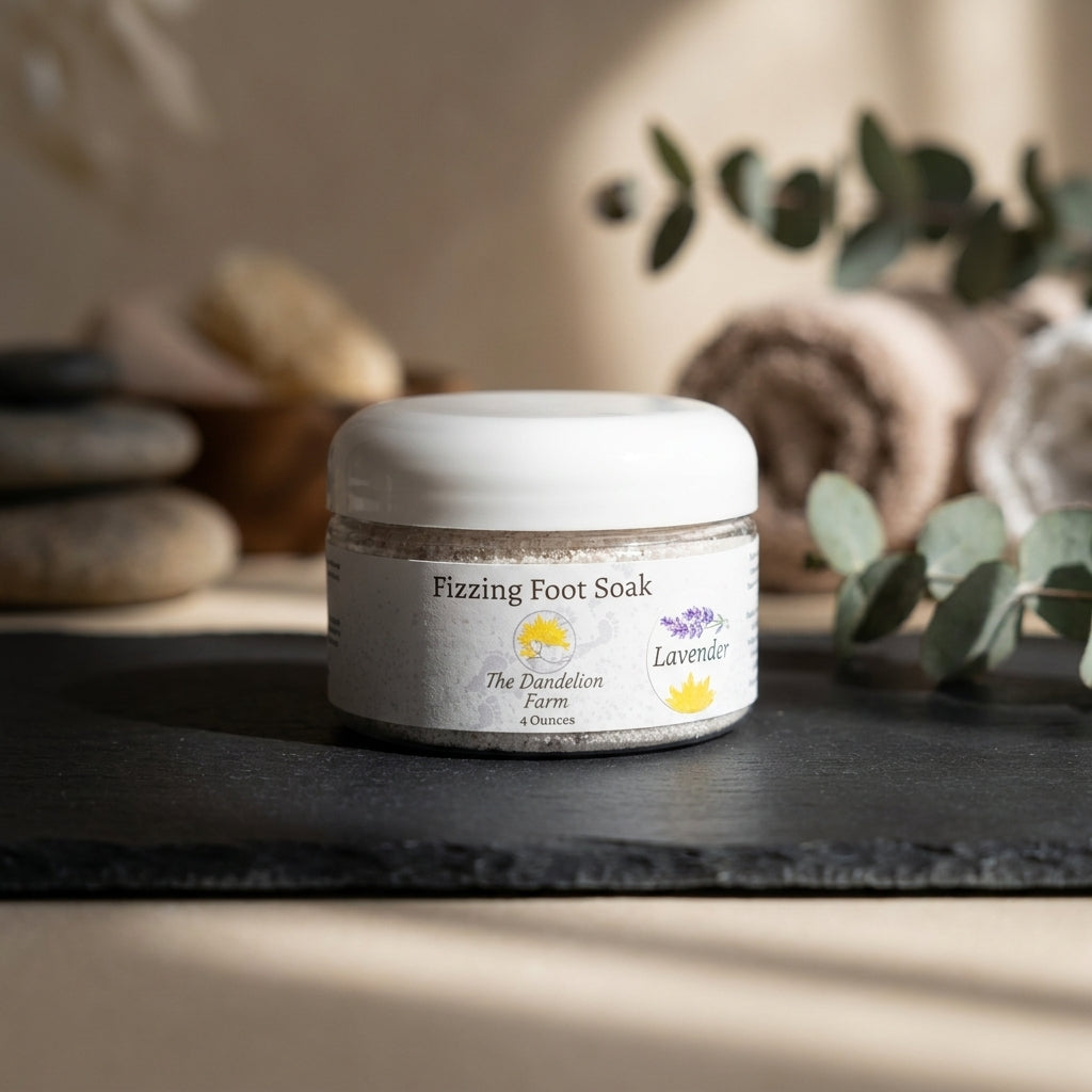 Artistic shot of a tiny Fizzing Foot Soak jar on dark slate with soft natural light and spa ambiance.