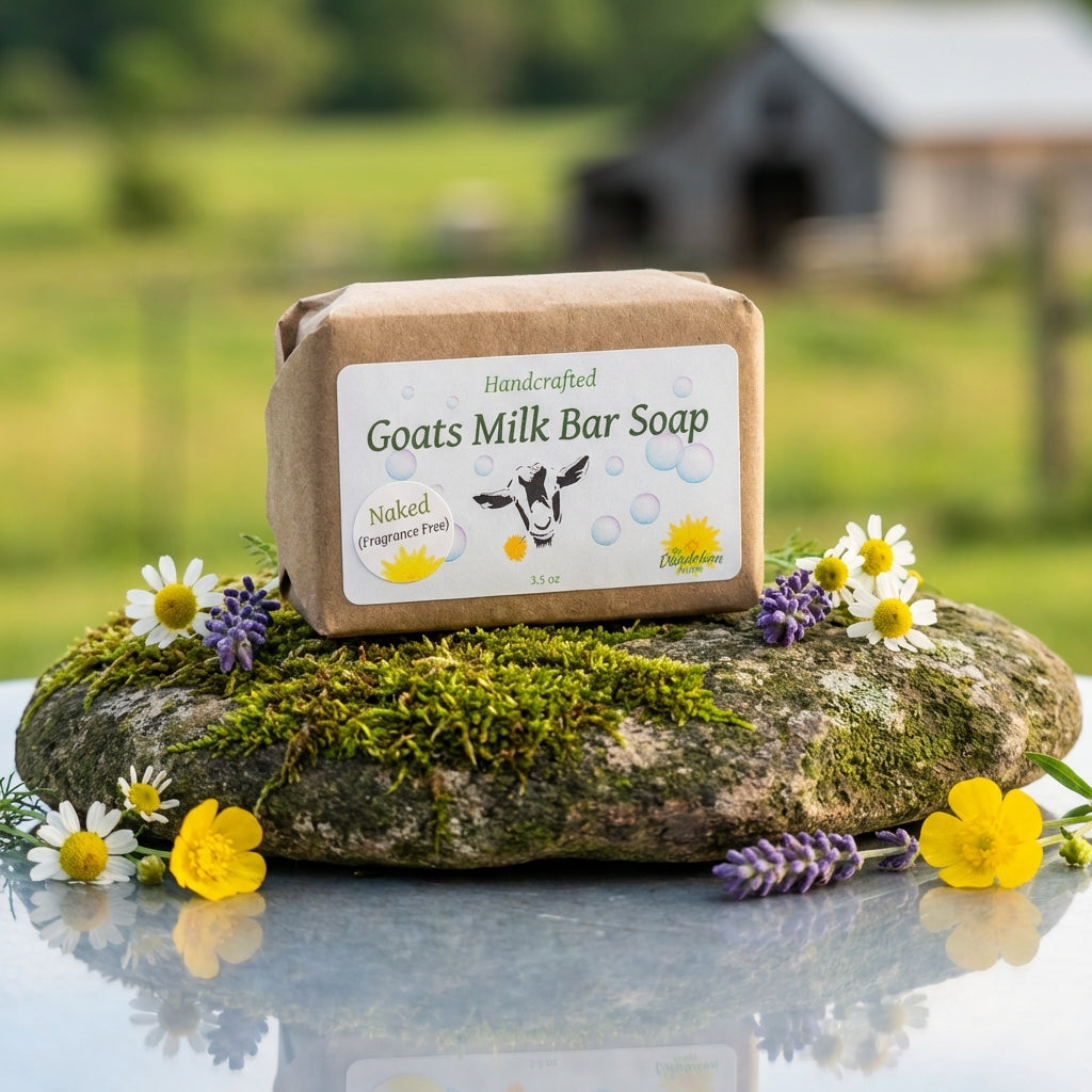 A studio-focused shot of the 'Farm Fresh Goat Milk Bar Soap' in a natural setting, placed on a mossy stone with small farmflowers around it. The scene is lit with HDR studio lighting to bring out the variations in the soap’s creamy hues and subtle marbling