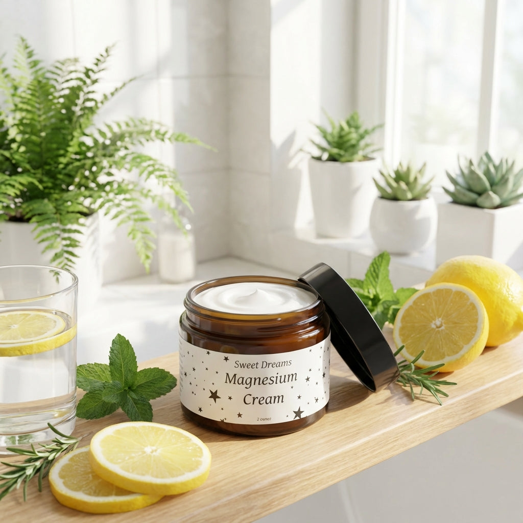 Depict a vibrant, lifestyle setting with the 'Magnesium Cream' on a bright, airy bathroom shelf next to sunlit plants and a glass of lemon water. Utilize studio lighting styled as diffused daylight with slight HDR effects to enhance the freshness and vital