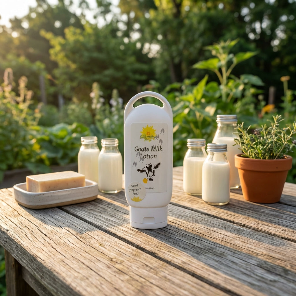 An outdoor scene showcasing the lotion during a peaceful morning routine. The 'Travel Goats Milk Lotion' stands on a weathered wooden table outdoors, with lush greenery softly blurred in the background, suggesting a natural, organic vibe. Natural sunlight