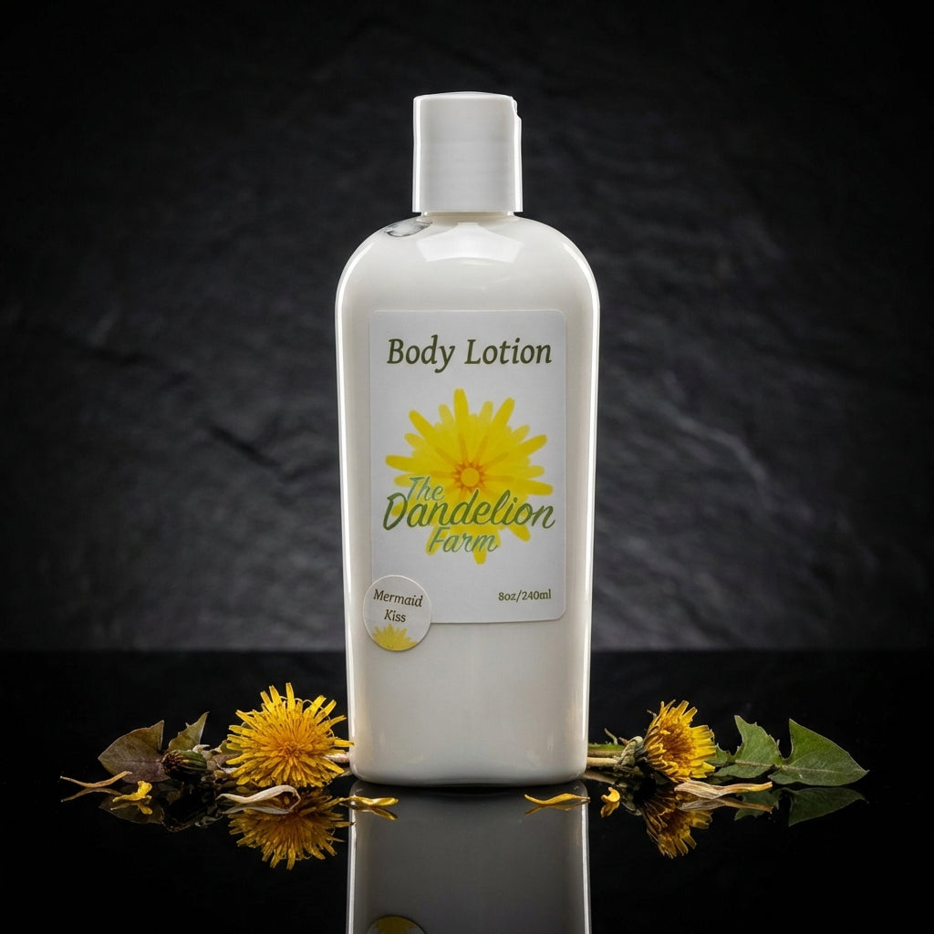 An artistic, studio product shot of the Body Lotion (Specialty) bottle standing upright on a reflective black surface, illuminated with rim lighting to outline its contours dramatically. The scene uses a combination of softbox and rim lights, with a focus
