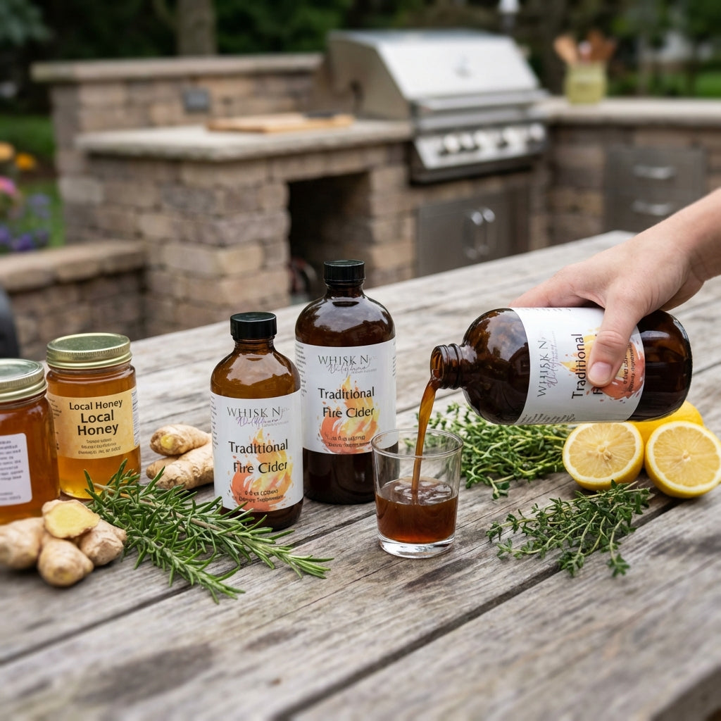 A dynamic outdoor kitchen setting with a rustic wooden table, featuring 'Traditional Fire Cider' as the centerpiece, surrounded by fresh herbs, lemon, and honey jars. The scene is captured with a tilt-shift lens to provide a cinematic, slightly shallow dep