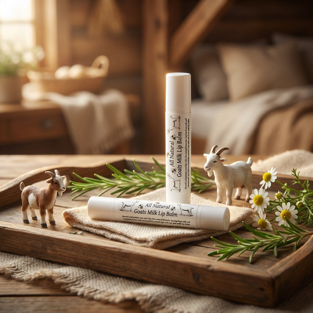4. A creative, product-on-stand close-up shot styled within a cozy, farm-inspired setting. The Goat Milk Lip Balm stands on a vintage wooden tray, surrounded by rustic elements like woven fabric, small goat figurines, and sprigs of herbs. The scene is illu