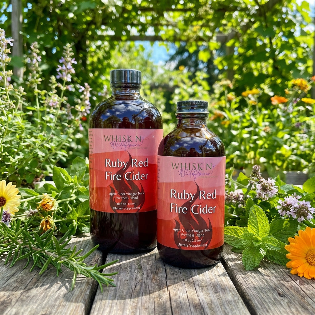 Showcase 'Ruby Red Fire Cider' in a bright, airy outdoor herbal garden scene during daytime, with natural diffused sunlight filtering through leaves, creating a radiant glow around the product. Use a wide-angle shot with a 35mm lens, focusing sharply on th