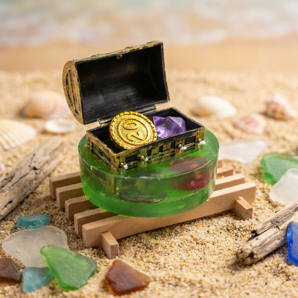 A close-up, high-resolution image of the 'Treasure Chest Soaps' nestled among authentic sea glass and small driftwood pieces on a sandy surface. The scene uses HDR studio lighting for balanced exposure, emphasizing the textured, handcrafted details of the