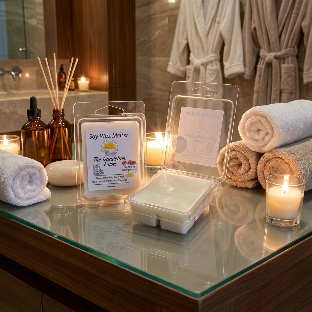 An upscale, boutique spa environment with the Soy Wax Melter placed on a glass-topped counter, surrounded by spa essentials such as rolled towels, massage oils, and plush robes. Dramatic rim lighting creates a halo effect around the melter, enhancing its l