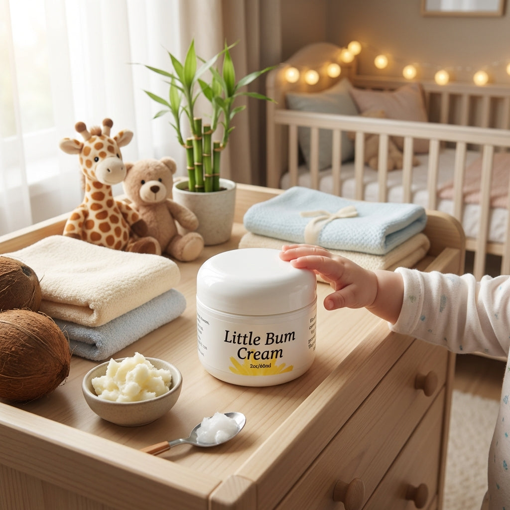A lifestyle setup featuring 'Little Bum Cream/ Minor Burns' in a warm, inviting nursery scene. The cream jar is warmly lit with diffused daylight, positioned on a wooden changing table alongside soft baby blankets, plush toys, and bamboo plant accents to e