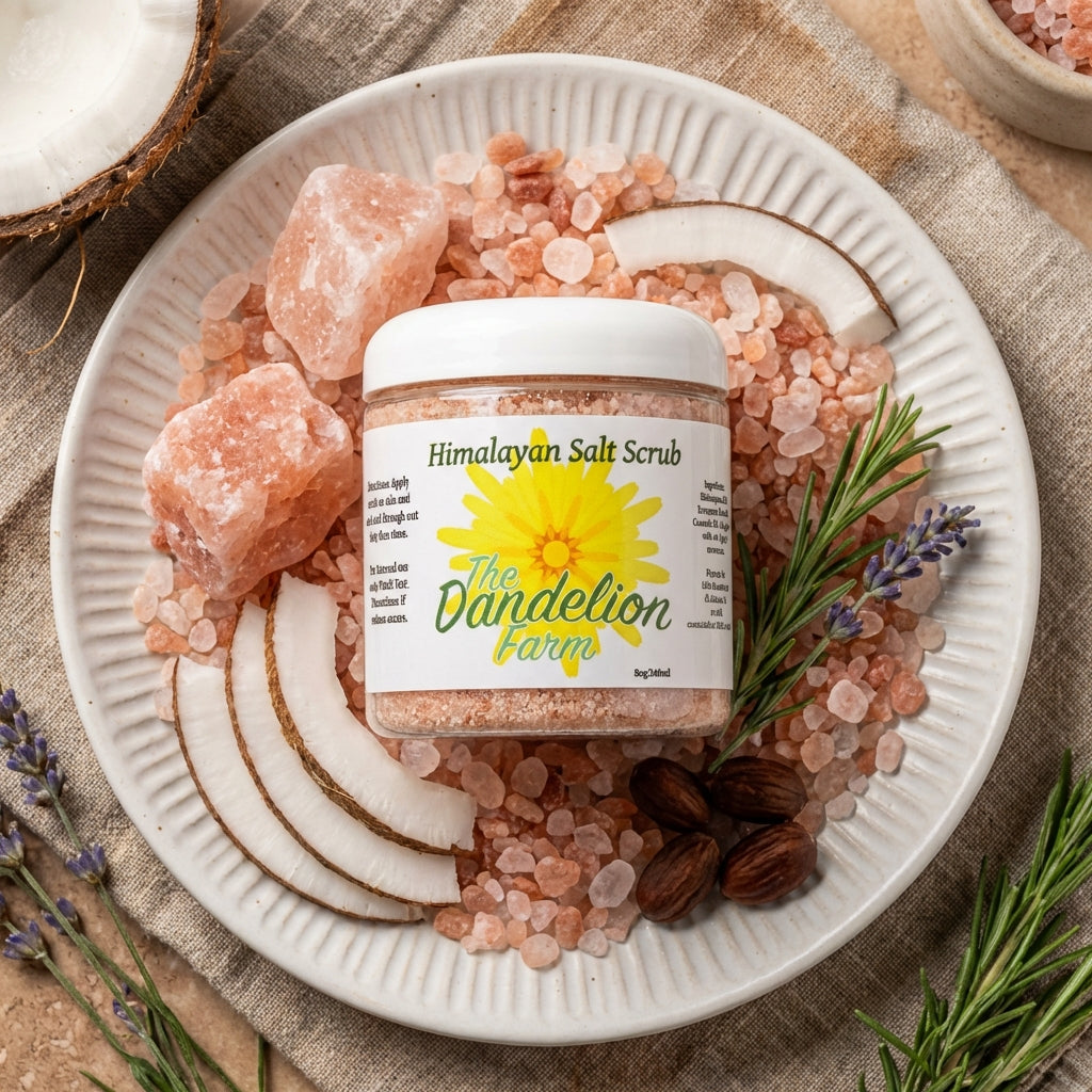 Create an artistic, cinematic shot of the Himalayan Salt Scrub in a close-up, overhead perspective on a textured white ceramic dish, surrounded by raw Himalayan salt crystals, coconut slices, jojoba seeds, and sprigs of fresh herbs on a rustic linen cloth.