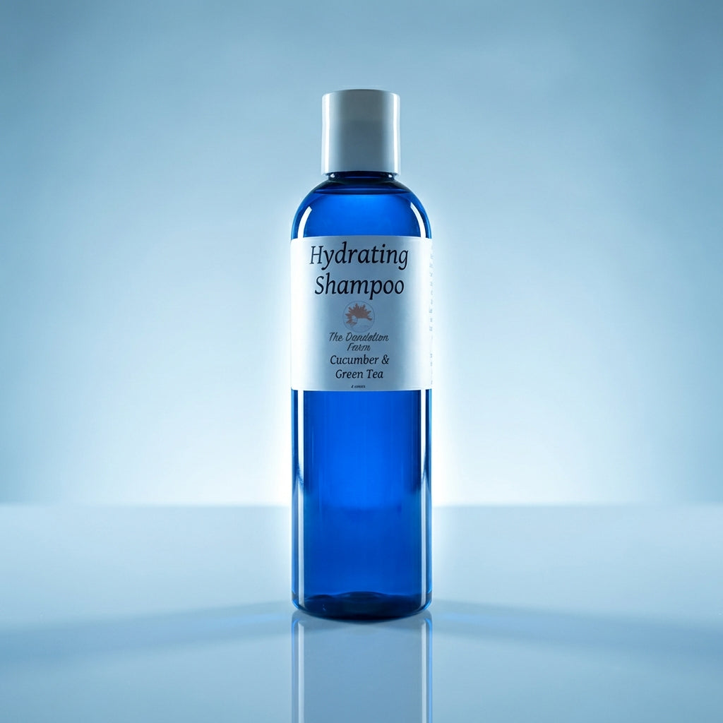 A cinematic, studio-grade shot of the shampoo bottle placed on a smooth, reflective surface with a soft, bluish tint background, suggesting freshness and hydration. Rim lighting from the sides creates a halo effect around the product, emphasizing its shape