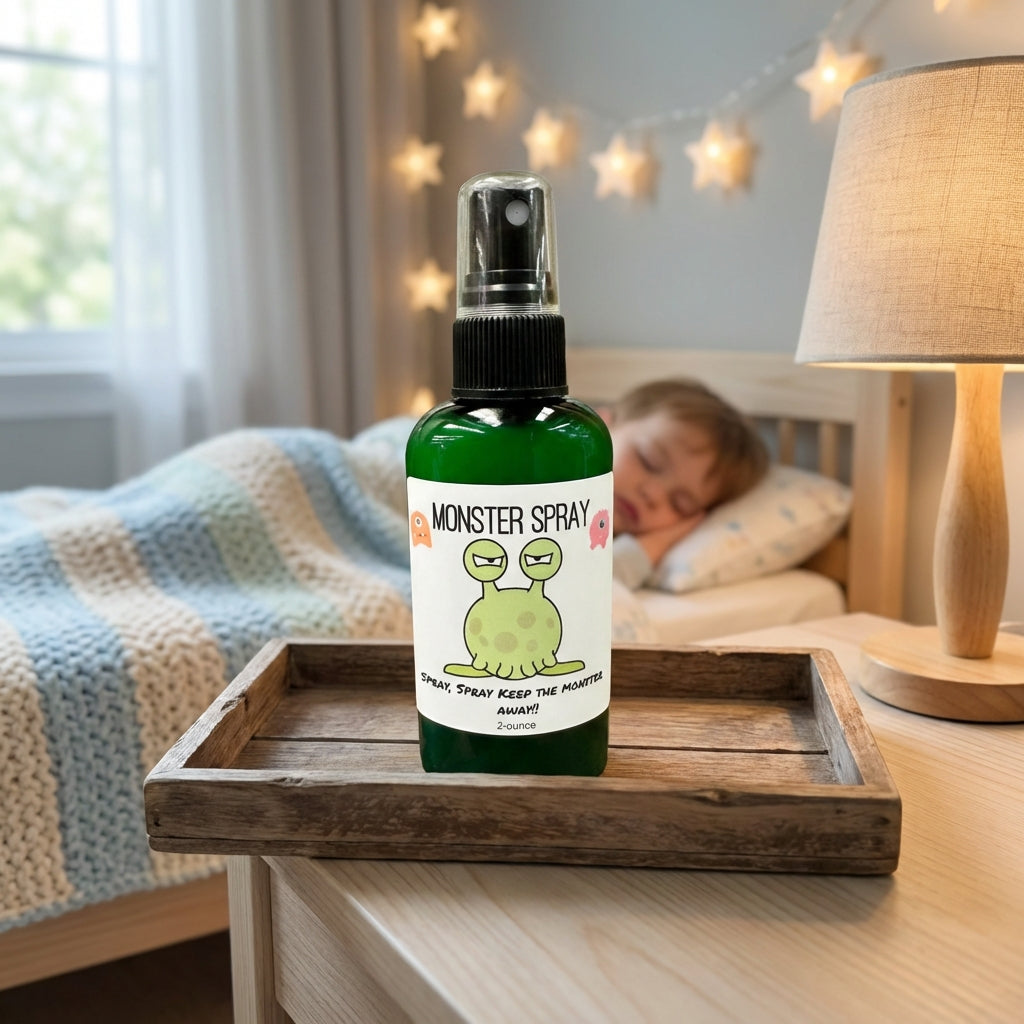 A lifestyle scene in a softly lit nursery adorned with calming pastel tones, showcasing the spray bottle on a small wooden tray beside a sleeping child’s bed. The background features a cozy blanket and star-shaped fairy lights, with a gentle glow from a be