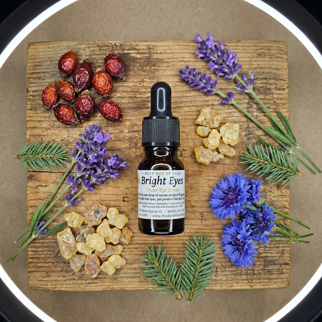An artistic flat-lay composition featuring the Under Eye Serum surrounded by raw ingredients like rosehips, lavender sprigs, frankincense resin, blue tansy flowers, and sprigs of spruce, arranged on a textured wooden surface. Overhead lighting with a ring