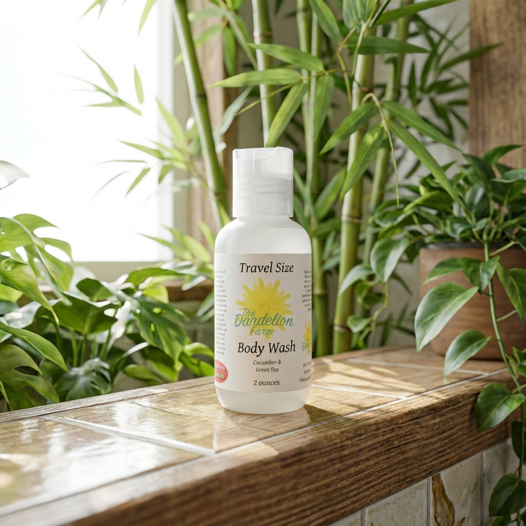 A vibrant, lively scene of the travel-size body wash positioned on an open bathroom shelf with a backdrop of leafy green plants and bamboo accents. The scene is brightly lit with diffused daylight that enhances the natural, organic feel. The product is cap