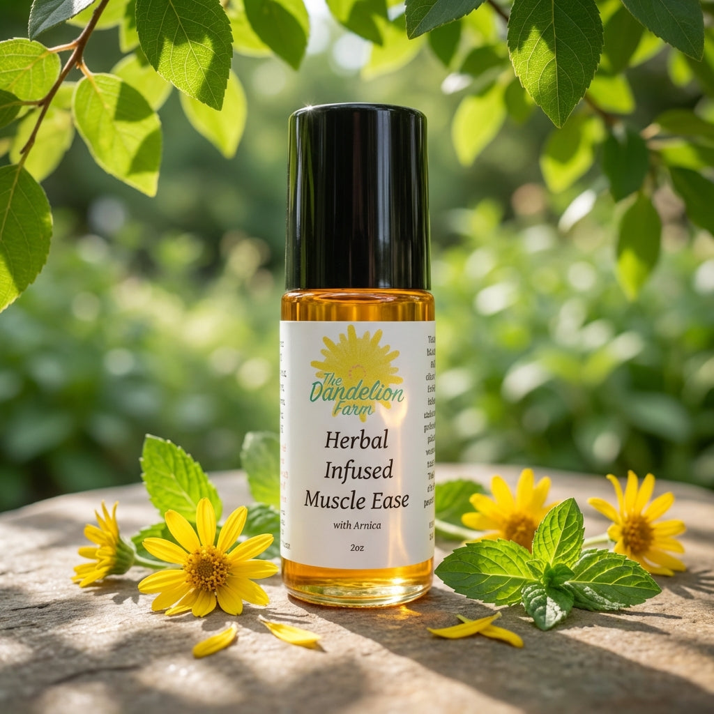 4. An outdoor, sunlit scene capturing the 'Herbal Infused Muscle Ease' standing atop a smooth, natural stone surface in a serene garden landscape, with sunlight filtering through leaves creating dappled shadows. The product is framed from a low angle, with