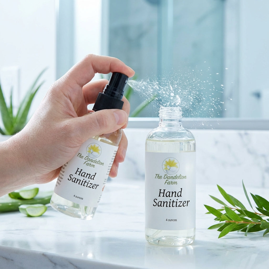 A close-up of the hand sanitizer being dispensed onto a hand, captured with a macro lens using rim lighting to accentuate the gel’s smooth texture and the fresh, botanical ingredients. The setting is a clean, brightly lit minimalist bathroom with reflectiv