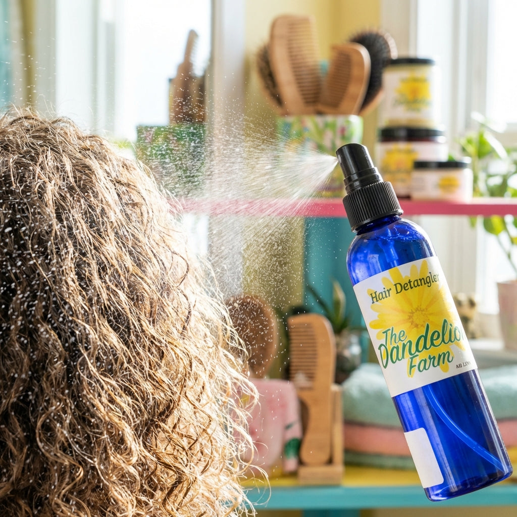 Create a vibrant, close-up shot of the Hair Detangler spray being sprayed onto textured, curly hair in a bright, cheerful bathroom setting. Use HDR studio lighting to highlight the fine mist dispersing through the hair, emphasizing the detangler's effectiv