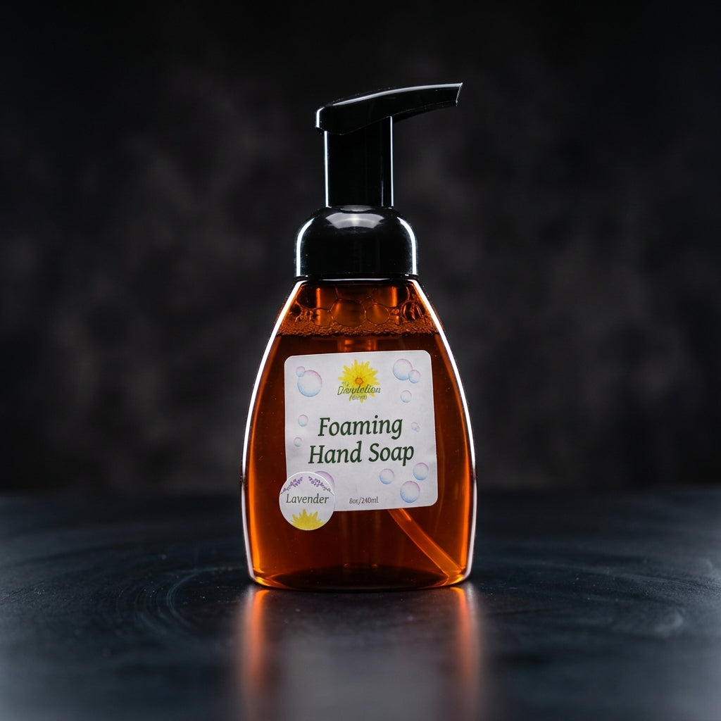 A high-contrast, studio studio image of the foaming hand soap pump against a dark, textured backdrop for dramatic effect. The pump is illuminated by HDR studio lights with rim lighting to accentuate the contours and bubbles within the foam visible through