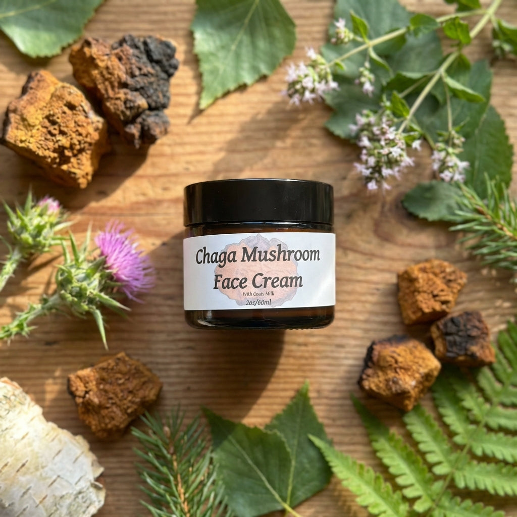 A creative, artistic flat lay composition shot from above, featuring the 'Chaga Face Cream' at the center. The scene is set on a rustic wooden table with scattered natural elements: dried Chaga mushrooms, sprigs of fresh goat's milk, and botanical leaves.