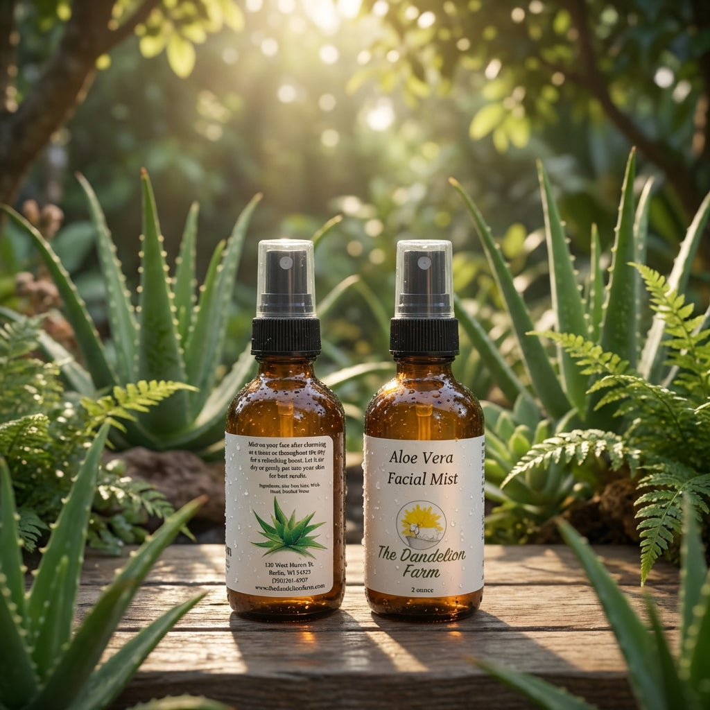Aloe Vera Facial Mist placed outdoors on a wooden surface within a garden, with lush greenery and soft sunlight, emphasizing nature and freshness.