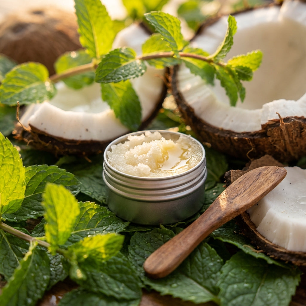 Small sugar lip scrub jar on peppermint and coconut scene, with warm sunlight, surrounded by fresh leaves, shells, and a wooden spatula, with soft focus.