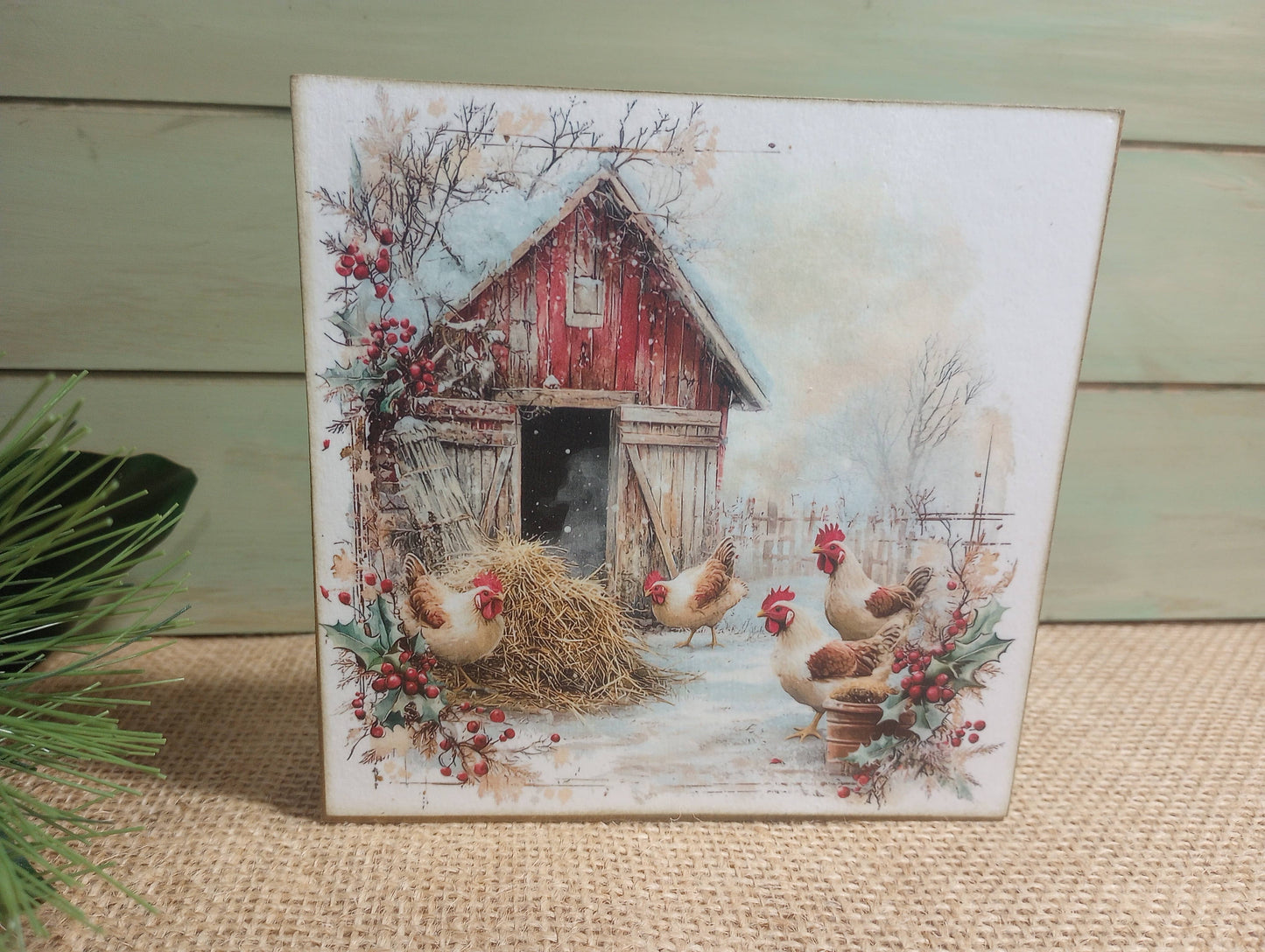 Christmas Barnyard Wood Block Sign - Winter Chickens