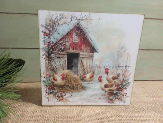 Christmas Barnyard Wood Block Sign - Winter Chickens