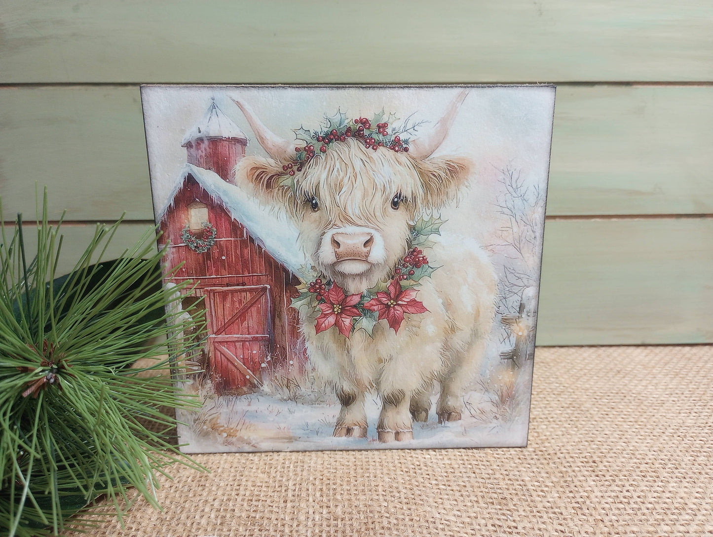 Olde Red Barn - Highland Cow Wood Block Sign - Addy