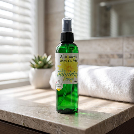 Close-up of lightweight after shower body oil mist on stone countertop with soft daylight.