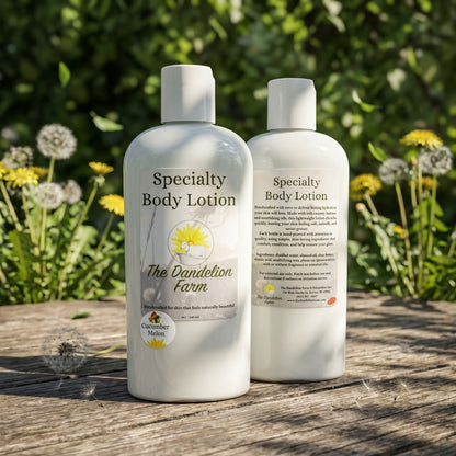 Full-body scene with Body Lotion (Specialty) on rustic wooden table outdoors, surrounded by greenery and dappled sunlight.