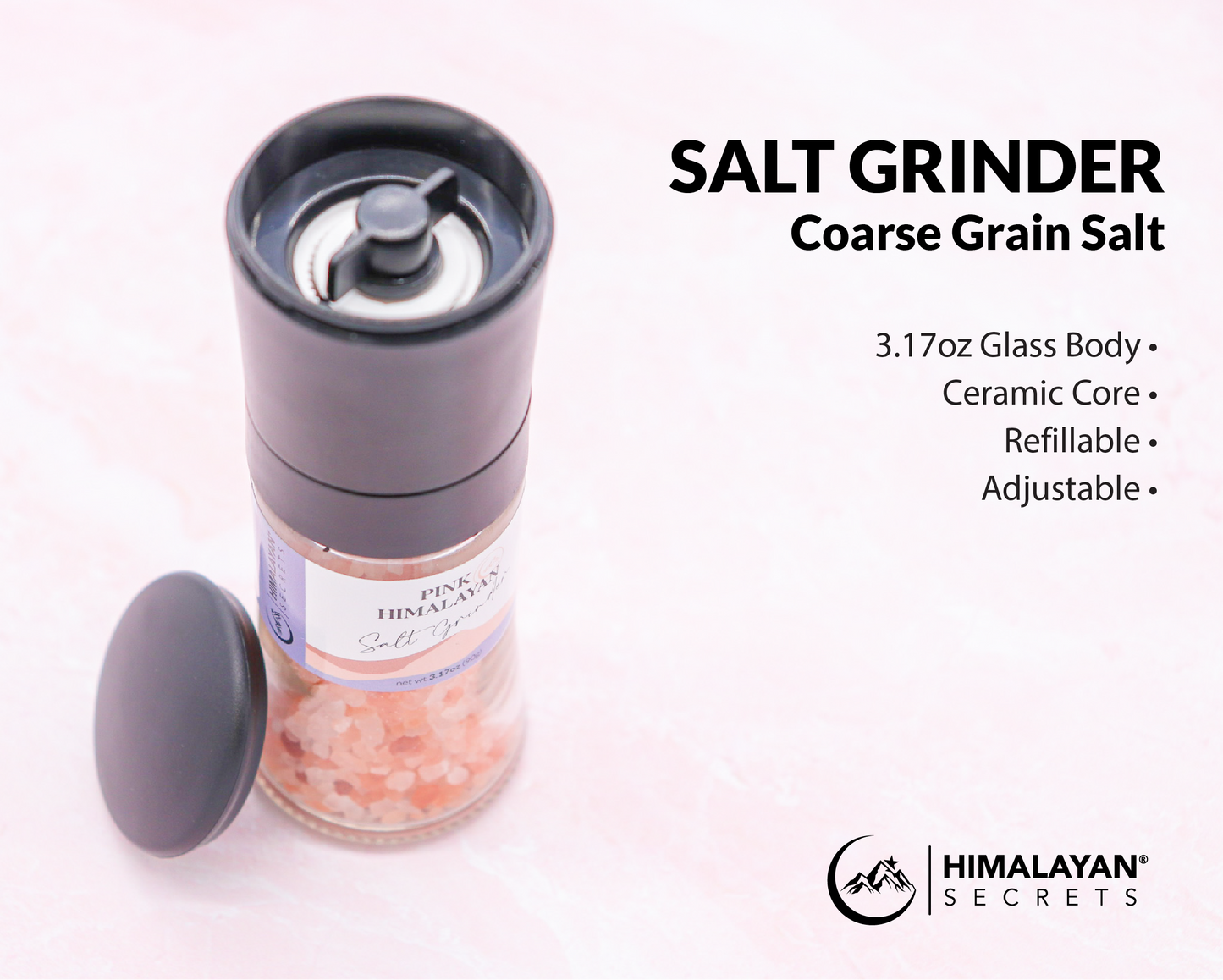 3.17 oz - Himalayan Pink Salt Coarse Grinder Glass Bottle