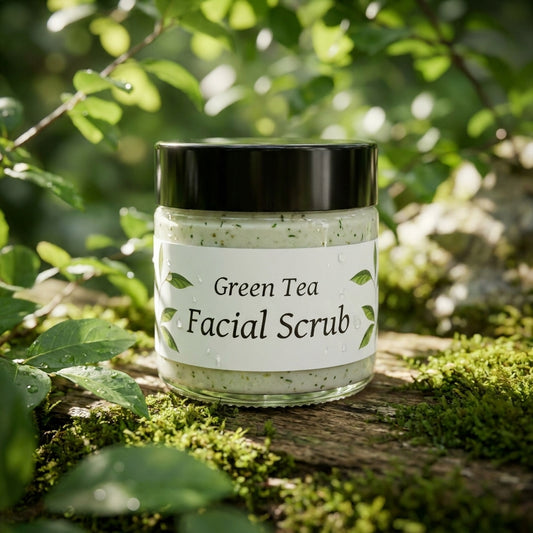 Close-up of Green Tea Facial Scrub showing jojoba beads, sea clay, and spinach powder in a natural setting.