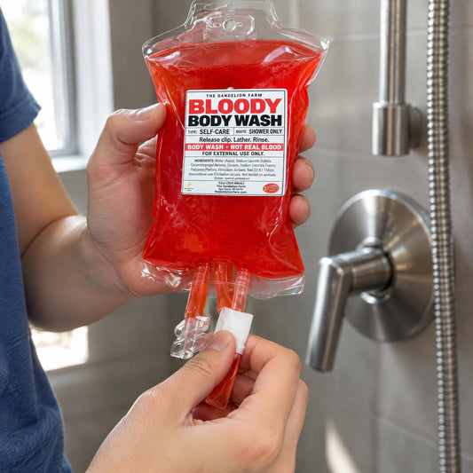 Hand opening the white flow control clamp on a red liquid body wash IV bag in a stainless steel shower.