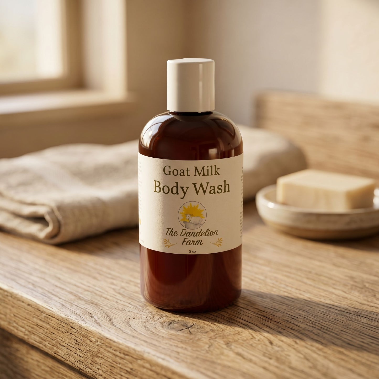 Macro shot of goats milk body wash bottle showing textured surface and frosted appearance, on a natural wooden background.