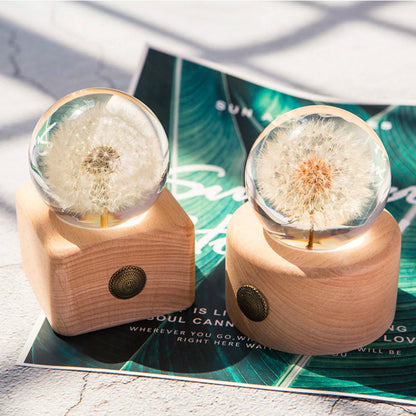 Real Dandelion Crystal Ball with Wooden Base