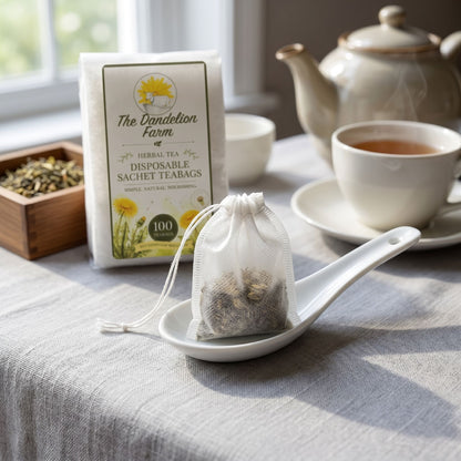 Small sachet teabag resting on a white porcelain spoon with a refined tea setup on linen, featuring natural daylight and warm tones.