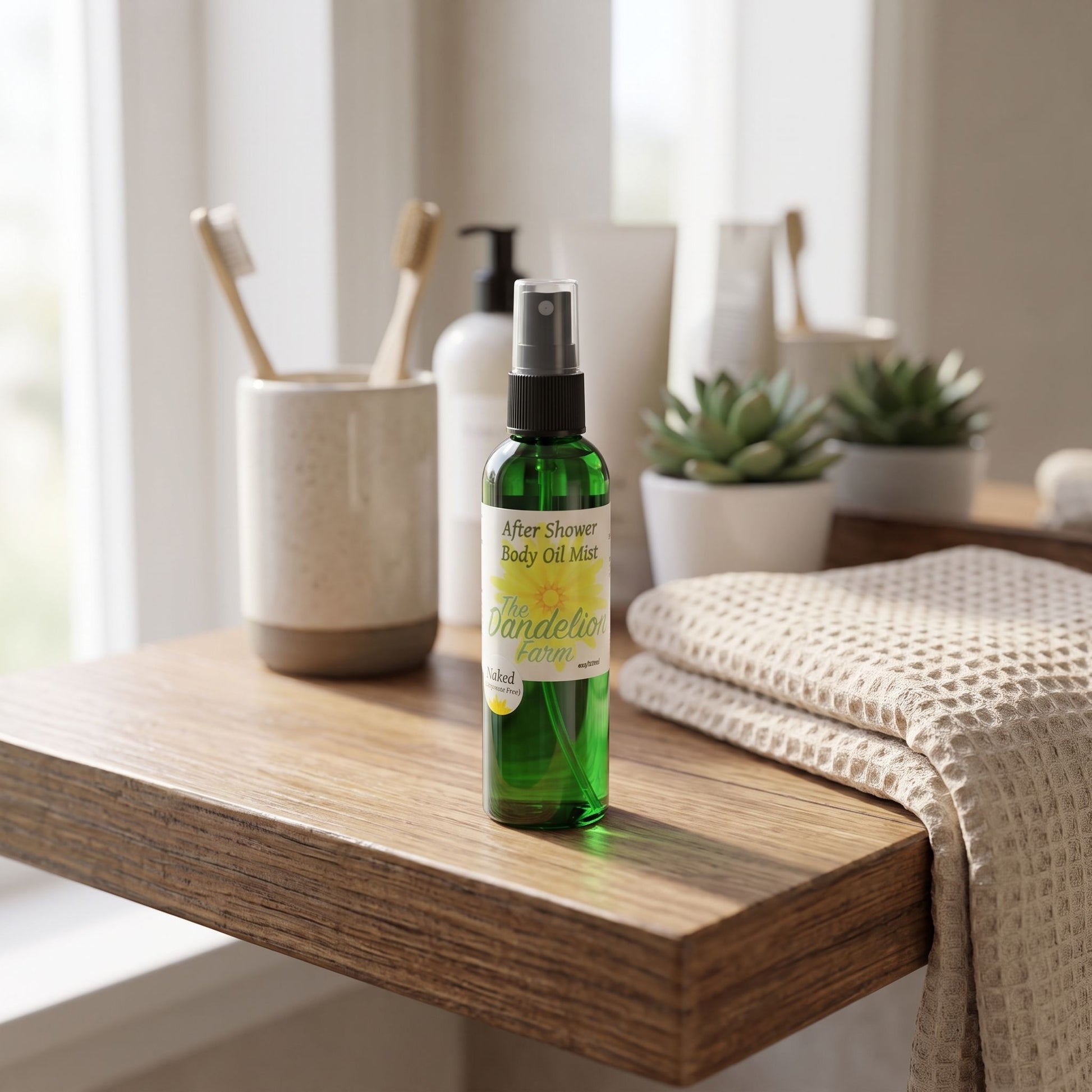Natural morning light on small after shower body oil mist on bathroom shelf with toiletries.