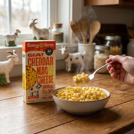 A welcoming lifestyle scene with a rustic wooden table setting inside a cozy kitchen. A hand gently picks up a forkful of Goat Cheddar Mac & Cheese overlooking a steaming bowl. Natural diffused daylight streams in through a nearby window, casting warm, gen