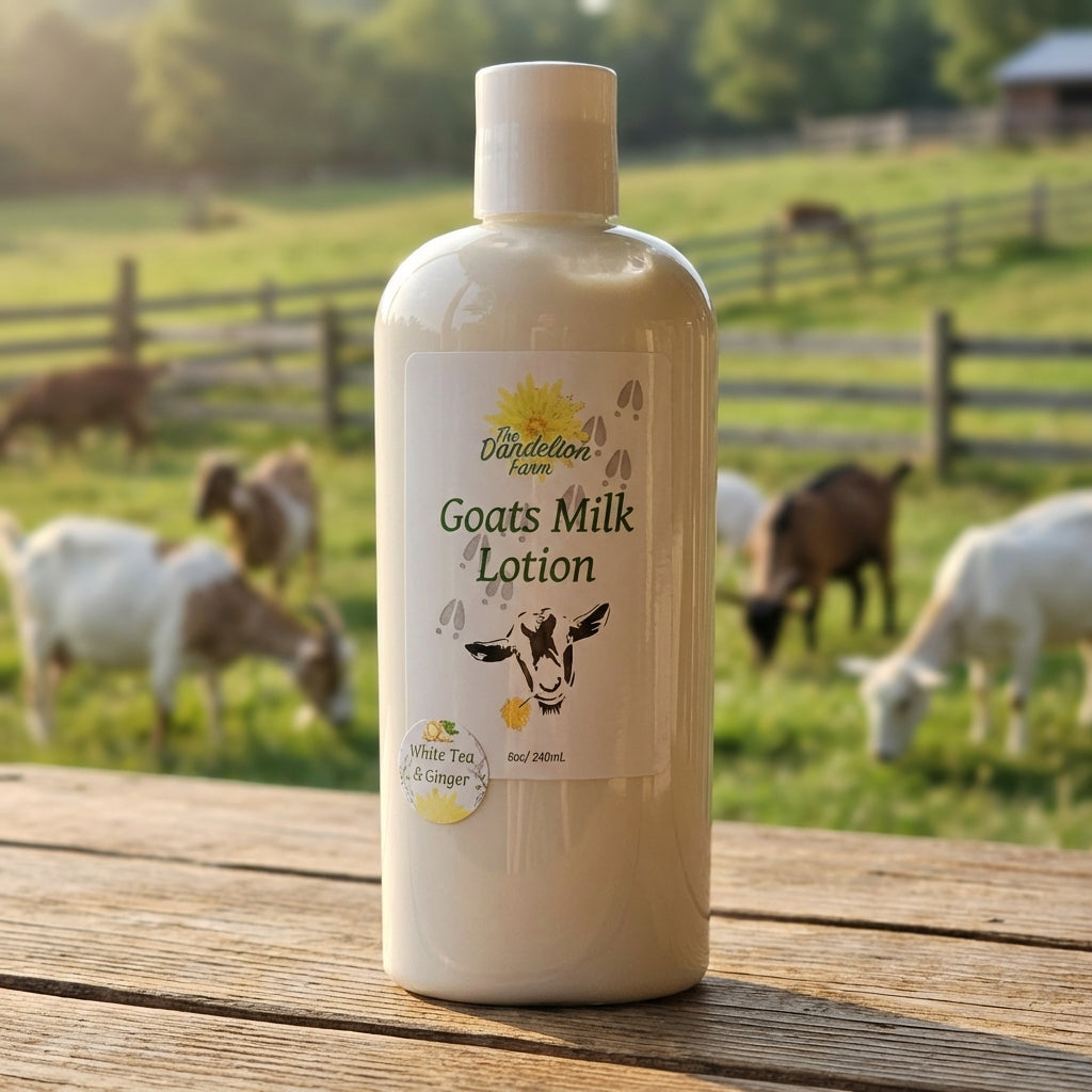 A close-up studio shot of the Goats Milk Lotion jar, placed on a rustic wooden surface with soft, natural lighting emphasizing the creamy texture of the lotion. The background features a blurred farm landscape with goats grazing, evoking freshness and auth