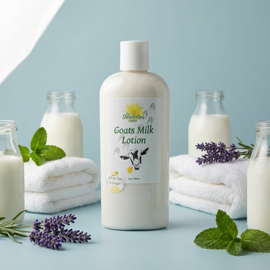 A sophisticated product shot in a minimalist studio setting, showcasing the Goats Milk Lotion against a plain, matte pastel background. The jar is centered, lit with a diffused softbox to create gentle shadows that accentuate its curves and creamy content.