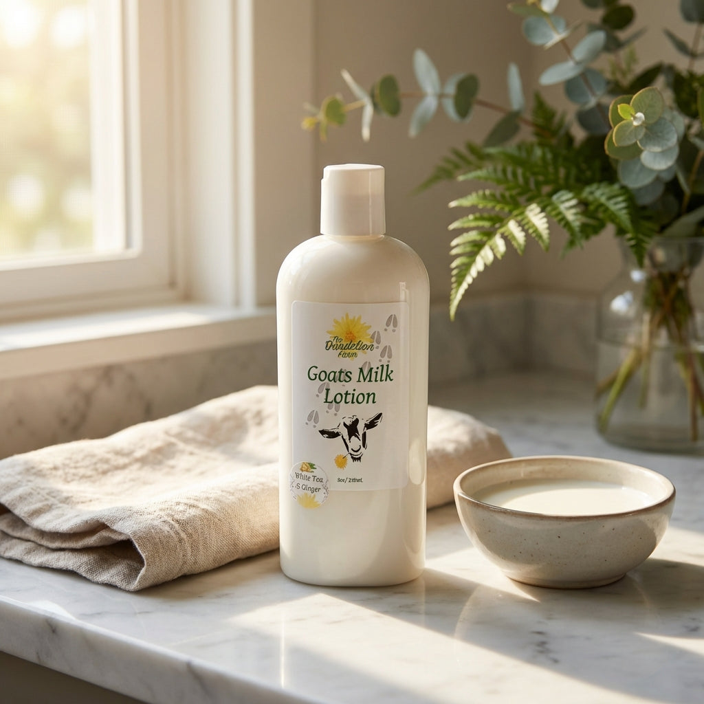 A lifestyle scene featuring a spa-inspired setup with the Goats Milk Lotion prominently displayed on a marble countertop. Soft, warm sunlight streams through a nearby window, casting natural highlights and shadows that emphasize the lotion’s rich, creamy t