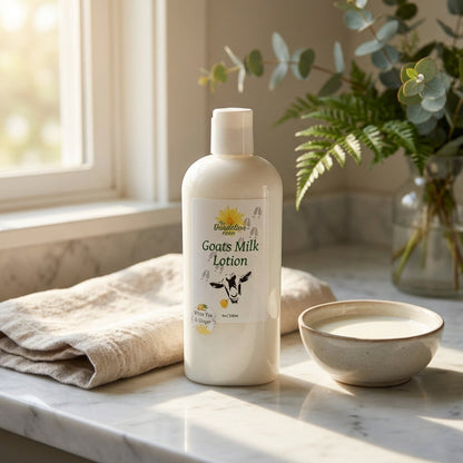 A lifestyle scene featuring a spa-inspired setup with the Goats Milk Lotion prominently displayed on a marble countertop. Soft, warm sunlight streams through a nearby window, casting natural highlights and shadows that emphasize the lotion’s rich, creamy t