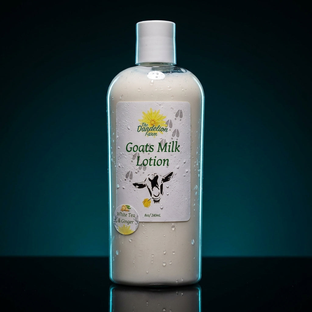 An artistic, high-contrast studio shot of the Goats Milk Lotion placed on an elegant, reflective black surface, illuminated with rim lighting that creates striking highlights along the jar’s edges. The background is a sleek gradient from deep teal to black