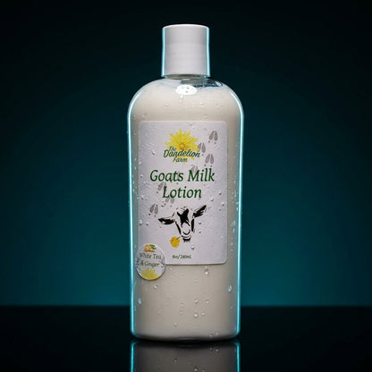 An artistic, high-contrast studio shot of the Goats Milk Lotion placed on an elegant, reflective black surface, illuminated with rim lighting that creates striking highlights along the jar’s edges. The background is a sleek gradient from deep teal to black