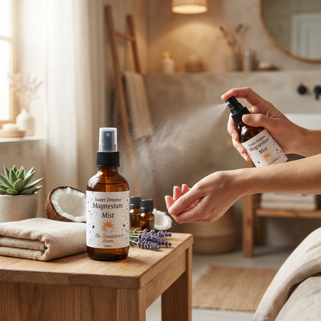 A lifestyle scene featuring the 'Magnesium Mist' placed on a natural wooden bedside table next to a neatly arranged towel and a small potted plant. The scene is lit with diffused daylight emphasizing the natural ingredients like coconut oil and essential o