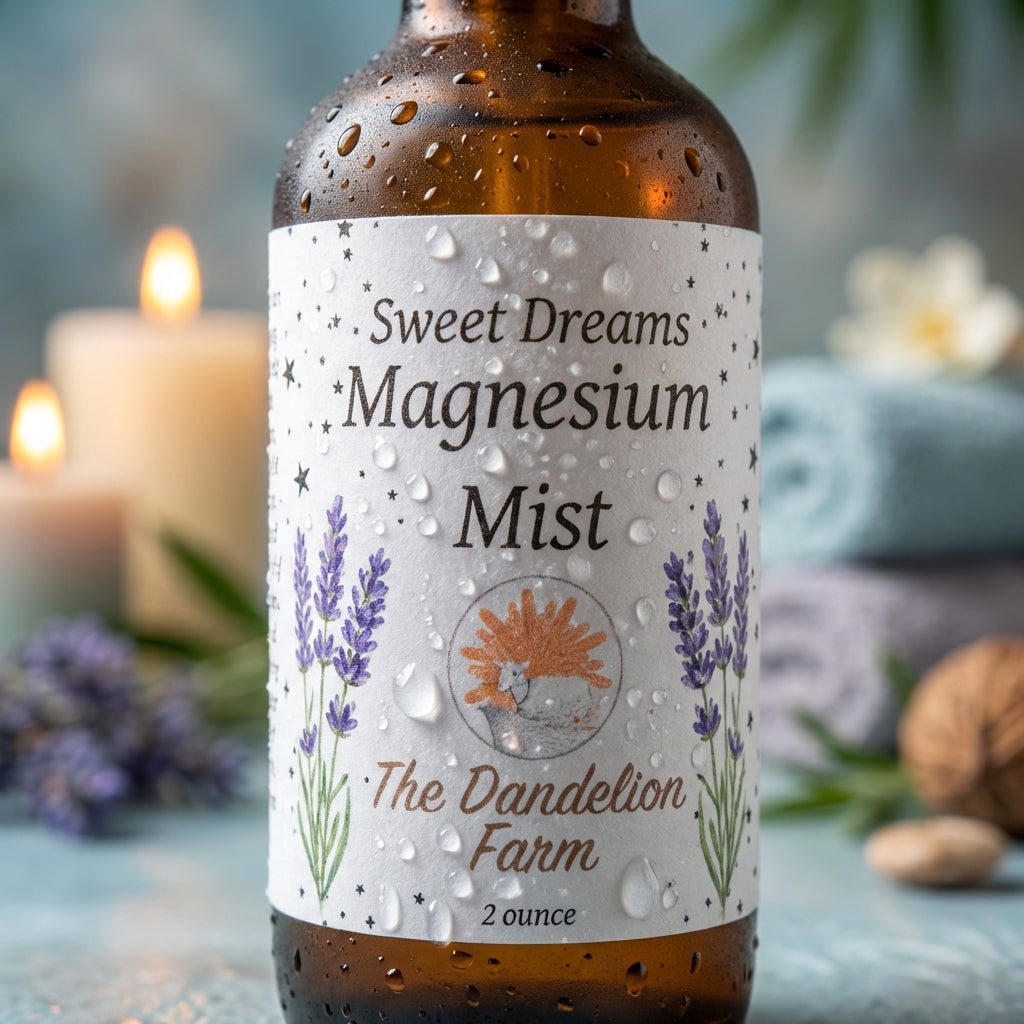 An artistic, close-up macro shot of the 'Magnesium Mist' label on the frosted glass bottle, with droplets of mist visible on the surface. The scene uses HDR studio lighting to accentuate the texture and details of the label, including the serene lavender a