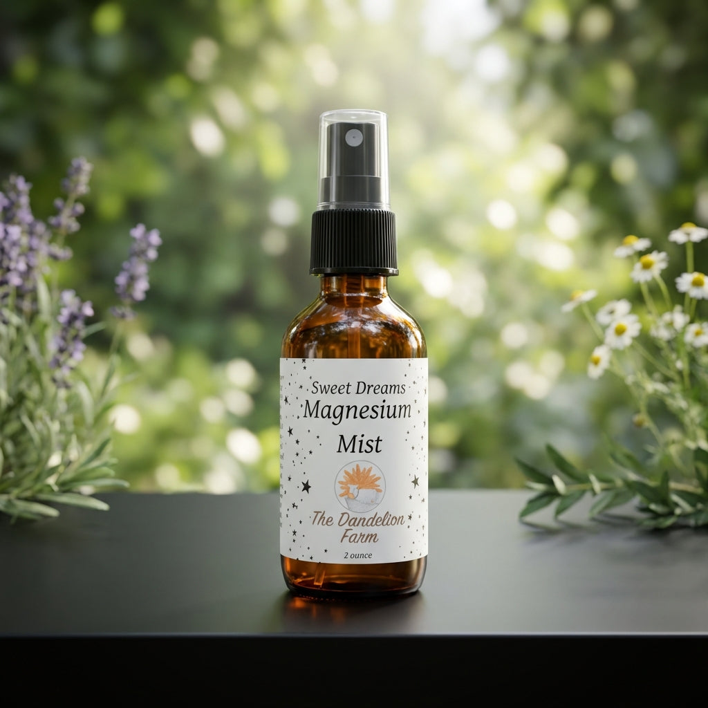 A sophisticated product display arranged within a minimalist, elegant setting. The 'Magnesium Mist' bottle is centered on a sleek, matte black surface with subtle reflections. Bright, diffused overhead lighting creates a professional studio feel, emphasizi