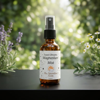 A sophisticated product display arranged within a minimalist, elegant setting. The 'Magnesium Mist' bottle is centered on a sleek, matte black surface with subtle reflections. Bright, diffused overhead lighting creates a professional studio feel, emphasizi