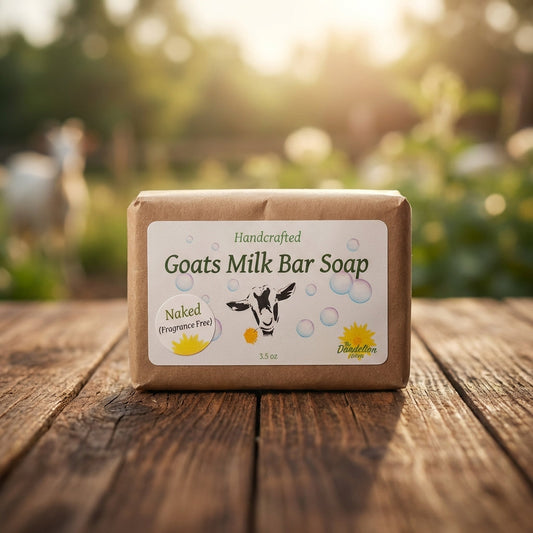 A high-resolution studio shot of the 'Farm Fresh Goat Milk Bar Soap' placed on a rustic wooden surface, illuminated by softbox lighting to highlight the creamy, smooth texture of the soap and its natural off-white color. The background features a softly bl