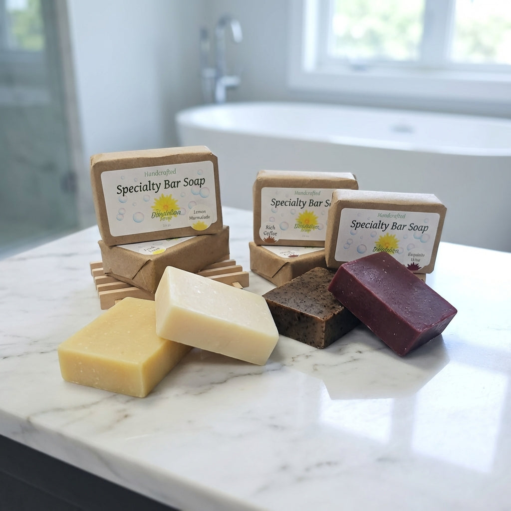 Capture a high-resolution macro shot of the 'Specialty Bar Soap' collection arranged elegantly on a sleek, marble surface. Use softbox lighting to highlight the smooth, handcrafted textures and subtle color variations of each soap bar - distilled water, ri